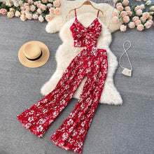 画像をギャラリービューアに読み込む, 花柄プリーツデザインスタイルホルタートップス&花柄ハイウエストワイドレッグパンツセットアップ
