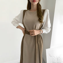画像をギャラリービューアに読み込む, 韓国初秋フランス系ラウンドネック配色パフスリーブロングニットワンピース