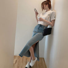 画像をギャラリービューアに読み込む, デニムスリットスカート美脚長脚デニムスカートロングスカート