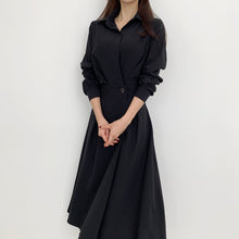 画像をギャラリービューアに読み込む, 韓国風デザイン感シンプル無地折り襟長袖ロングワンピース