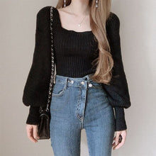 画像をギャラリービューアに読み込む, 韓国風スウィート無地4カラーランタンスリーブスクエアネックニットトップス