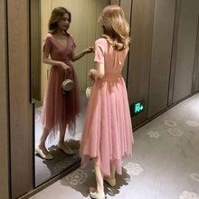 画像をギャラリービューアに読み込む, ニット切り替え半袖後ろボウタイメッシュスカートデートワンピース