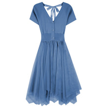 画像をギャラリービューアに読み込む, ニット切り替え半袖後ろボウタイメッシュスカートデートワンピース