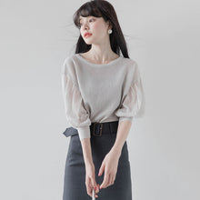 画像をギャラリービューアに読み込む, ニットパフスリーブシースルー半袖ブラウストップス