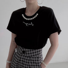 画像をギャラリービューアに読み込む, シンプルコーデアルファペットプリントビーズ付きTシャツトップス