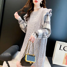 画像をギャラリービューアに読み込む, 秋冬フェイクレイヤードチェック柄切り替えニットセーターワンピース