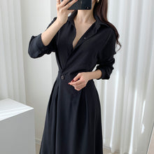 画像をギャラリービューアに読み込む, 韓国風デザイン感シンプル無地折り襟長袖ロングワンピース