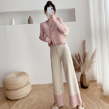 画像をギャラリービューアに読み込む, 2カラーファッションチェック柄Ⅴネックアウター&ハイウエストロングパンツセットアップ