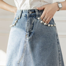 画像をギャラリービューアに読み込む, ダメージデザイン不規則ビーズ付きスリットデニムスカートボトムス