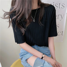 画像をギャラリービューアに読み込む, 多カラー選択ストライプ無地半袖ニットシンプルTシャツコーデしやすい