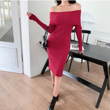 画像をギャラリービューアに読み込む, 優しい雰囲気気質ファッション長袖無地合わせやすいニットオフショルダーデートワンピース