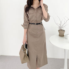 画像をギャラリービューアに読み込む, 通勤OLコーデ折ネックスリットワンピース(ベルト付き)