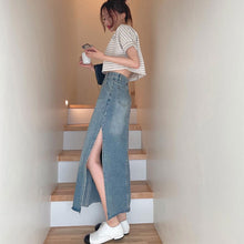 画像をギャラリービューアに読み込む, デニムスリットスカート美脚長脚デニムスカートロングスカート