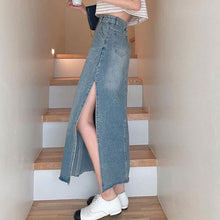 画像をギャラリービューアに読み込む, デニムスリットスカート美脚長脚デニムスカートロングスカート
