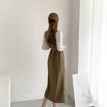 画像をギャラリービューアに読み込む, 韓国初秋フランス系ラウンドネック配色パフスリーブロングニットワンピース