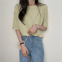 画像をギャラリービューアに読み込む, 多カラー選択ストライプ無地半袖ニットシンプルTシャツコーデしやすい