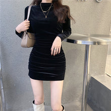 画像をギャラリービューアに読み込む, 初秋2カラー選択気質無地長袖着痩せ効果ゴールデンベルベットデートワンピース