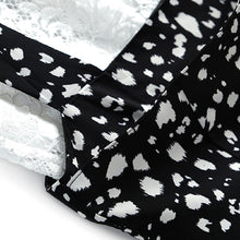 画像をギャラリービューアに読み込む, ホワイトレース透かし彫りブラウス&サスペンダーワンピーストッド柄シフォンワンピースセットアップ