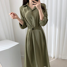 画像をギャラリービューアに読み込む, 韓国風デザイン感シンプル無地折り襟長袖ロングワンピース