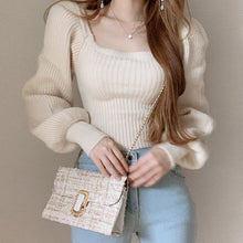 画像をギャラリービューアに読み込む, 韓国風スウィート無地4カラーランタンスリーブスクエアネックニットトップス