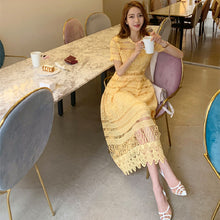 画像をギャラリービューアに読み込む, レース透かし彫りイエロー無地半袖デートワンピース優雅ワンピースエレガントドレスパーティー