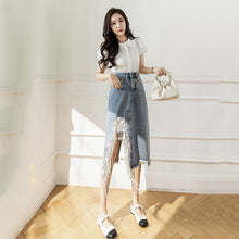 画像をギャラリービューアに読み込む, ダメージデザイン不規則ビーズ付きスリットデニムスカートボトムス