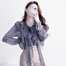 画像をギャラリービューアに読み込む, フレア裾フラウンススリーブシースルーブラウスシャツトップス