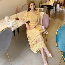 画像をギャラリービューアに読み込む, レース透かし彫りイエロー無地半袖デートワンピース優雅ワンピースエレガントドレスパーティー