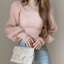 画像をギャラリービューアに読み込む, 韓国風スウィート無地4カラーランタンスリーブスクエアネックニットトップス