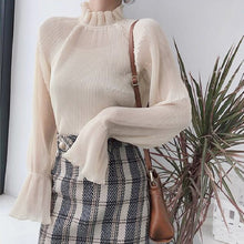 画像をギャラリービューアに読み込む, フリル裾切り替え長袖ランタンスリーブカジュアルコーデしやすいボトミングシフォンシャツ・ブラウス