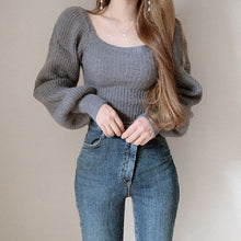 画像をギャラリービューアに読み込む, 韓国風スウィート無地4カラーランタンスリーブスクエアネックニットトップス