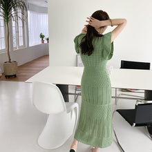 画像をギャラリービューアに読み込む, 優しい雰囲気フレンチ袖ハイウエストロングニットデートワンピース&無地スリップワンピースセットアップ