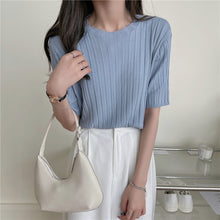 画像をギャラリービューアに読み込む, 多カラー選択ストライプ無地半袖ニットシンプルTシャツコーデしやすい