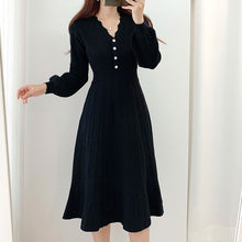画像をギャラリービューアに読み込む, 3カラー韓国風気質よいエレガントⅤネックスリム着瘦せフリルギャザーニットワンピース