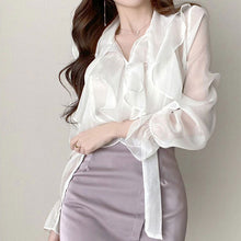 画像をギャラリービューアに読み込む, フレア裾フラウンススリーブシースルーブラウスシャツトップス