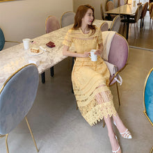 画像をギャラリービューアに読み込む, レース透かし彫りイエロー無地半袖デートワンピース優雅ワンピースエレガントドレスパーティー