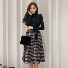 画像をギャラリービューアに読み込む, 好感度UP気質よいスリム配色千鳥格子ニット大振裾ワンピース