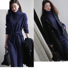 画像をギャラリービューアに読み込む, 優しい雰囲気無地ハイネックリボン気質よいニットロングワンピース