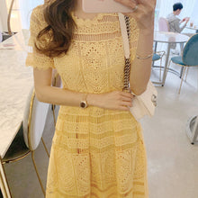 画像をギャラリービューアに読み込む, レース透かし彫りイエロー無地半袖デートワンピース優雅ワンピースエレガントドレスパーティー