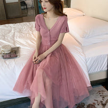 画像をギャラリービューアに読み込む, ニット切り替え半袖後ろボウタイメッシュスカートデートワンピース