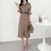 画像をギャラリービューアに読み込む, 通勤OLコーデ折ネックスリットワンピース(ベルト付き)