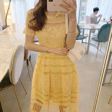 画像をギャラリービューアに読み込む, レース透かし彫りイエロー無地半袖デートワンピース優雅ワンピースエレガントドレスパーティー