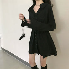 画像をギャラリービューアに読み込む, ファッションブラック無地気質Vネック長袖ゆったり着痩せ効果デートワンピース