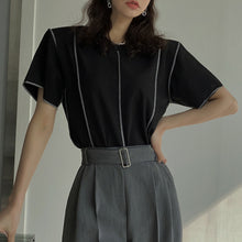 画像をギャラリービューアに読み込む, ストライプ半袖リゾートTシャツ通勤日常コーデトップス肩パッド付