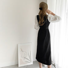 画像をギャラリービューアに読み込む, 韓国初秋フランス系ラウンドネック配色パフスリーブロングニットワンピース