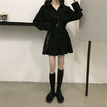 画像をギャラリービューアに読み込む, ファッションブラック無地気質Vネック長袖ゆったり着痩せ効果デートワンピース