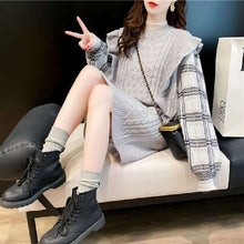 画像をギャラリービューアに読み込む, 秋冬フェイクレイヤードチェック柄切り替えニットセーターワンピース
