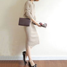 画像をギャラリービューアに読み込む, 3COLORSシンプル無地ラウンドネックニットトップス&スリットロングスカートセットアップ