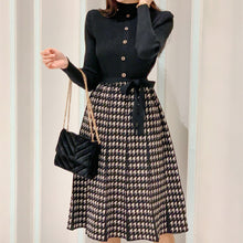 画像をギャラリービューアに読み込む, 好感度UP気質よいスリム配色千鳥格子ニット大振裾ワンピース