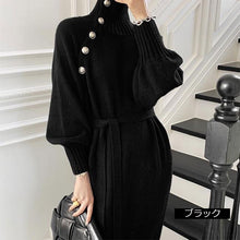画像をギャラリービューアに読み込む, 3カラー選択無地フリー長袖ゆったり着痩せ効果ニットレトロデザインスタイルカジュアルワンピース